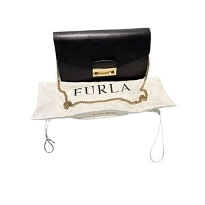 Furla Julia Black Saffiano Leather Chain Crossbody Bag Clutch Authentic EUC